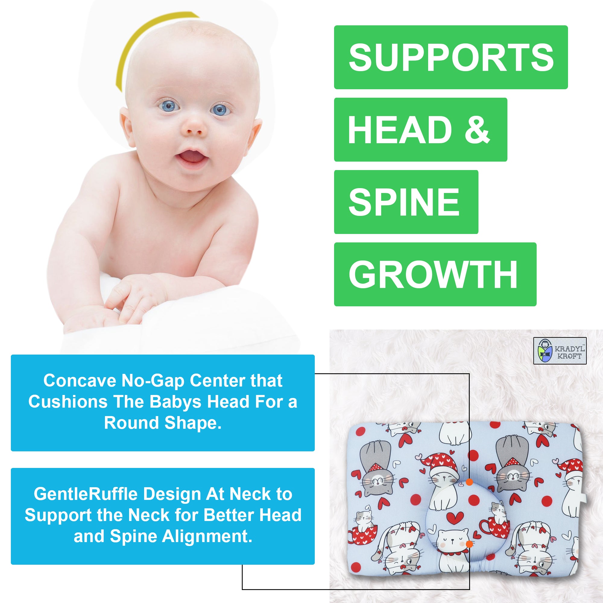 Kradyl Kroft Baby Head Shaping Pillow with 100% Cotton Removable Cover | New Born Pillow for Flat Head Prevention - Happy Cats