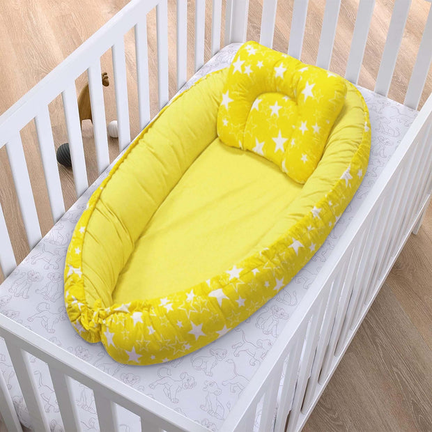 Kradyl Kroft Baby Boat Bed for Babies & Infants | Portable Baby Bedding Set with Pillow | Removable Covers | Double Side Baby Sleeping Bed | Baby Sleeping Pod (Yellow star)