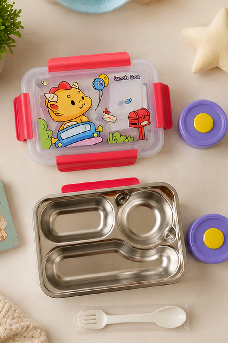 Little Pup - 3 Compartment Stainless Steel Lunch Box for Kids with Spoon and Handle