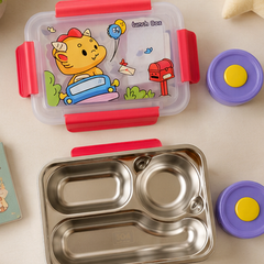 Little Pup - 3 Compartment Stainless Steel Lunch Box for Kids with Spoon and Handle