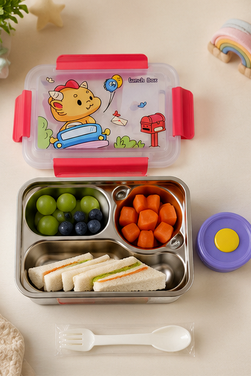 Little Pup - 3 Compartment Stainless Steel Lunch Box for Kids with Spoon and Handle