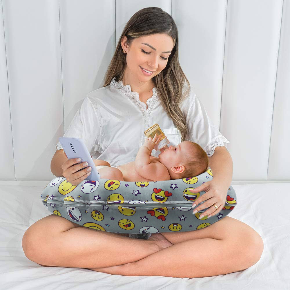 KRADYL KROFT 5in1 Baby Feeding Pillow with 100% Cotton Detachable Cover Belt and Baby Hoop - Smilie