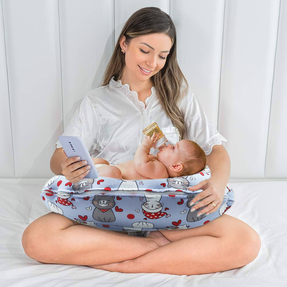 KRADYL KROFT 5in1 Baby Feeding Pillow with 100% Cotton Detachable Cover Belt and Baby Hoop - Happy Cats