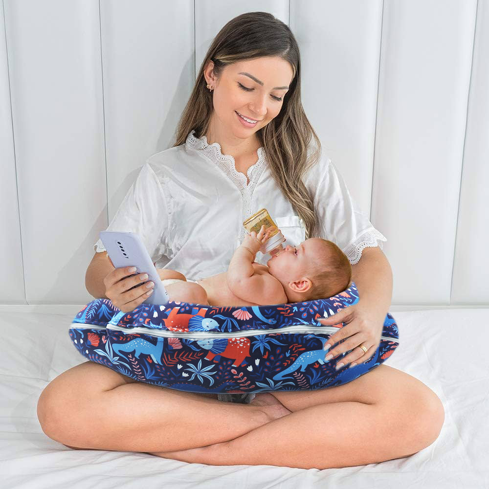 KRADYL KROFT 5in1 Baby Feeding Pillow with 100% Cotton Detachable Cover Belt and Baby Hoop - Happy Dinos