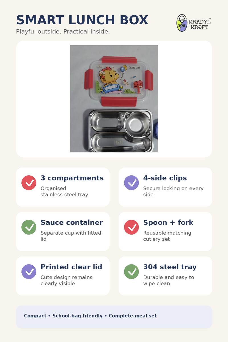 Little Pup - 3 Compartment Stainless Steel Lunch Box for Kids with Spoon and Handle