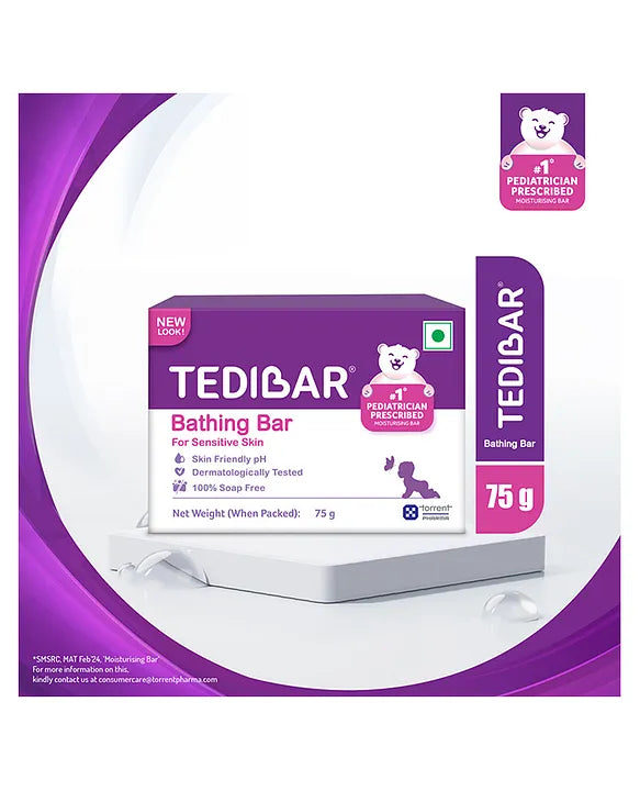 Torrent Pharma Tedibar Moisturising Baby Bathing Bar 75g (Pack of 1) with Skin Friendly ph 100 Percent Soap FreePrevents Dryness & RashesDermatologically Tested - By