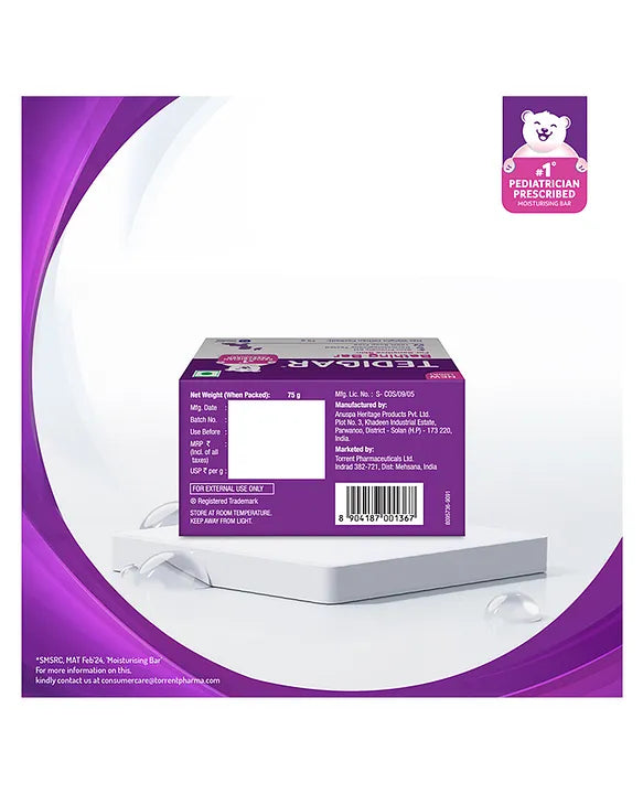 Torrent Pharma Tedibar Moisturising Baby Bathing Bar 75g (Pack of 1) with Skin Friendly ph 100 Percent Soap FreePrevents Dryness & RashesDermatologically Tested - By