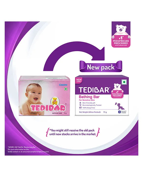 Torrent Pharma Tedibar Moisturising Baby Bathing Bar 75g (Pack of 1) with Skin Friendly ph 100 Percent Soap FreePrevents Dryness & RashesDermatologically Tested - By