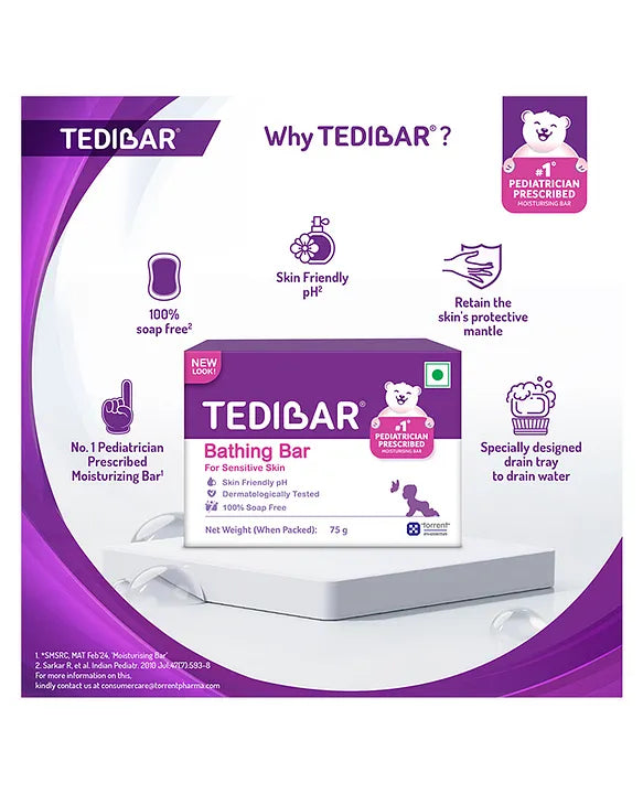 Torrent Pharma Tedibar Moisturising Baby Bathing Bar 75g (Pack of 1) with Skin Friendly ph 100 Percent Soap FreePrevents Dryness & RashesDermatologically Tested - By