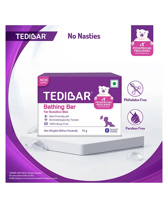 Torrent Pharma Tedibar Moisturising Baby Bathing Bar 75g (Pack of 1) with Skin Friendly ph 100 Percent Soap FreePrevents Dryness & RashesDermatologically Tested - By