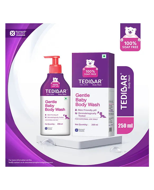 Torrent Pharma Tedibar Rich Moisturising Baby Body Wash 250ml with Skin Friendly PH  100 Percent Soap & Alkali Free  Prevents Dryness & Rahses  Dermatologically Tested  - By