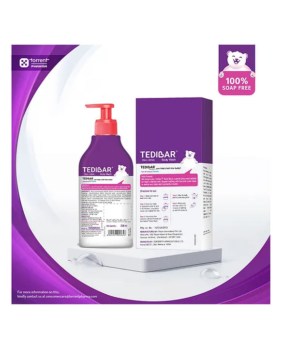 Torrent Pharma Tedibar Rich Moisturising Baby Body Wash 250ml with Skin Friendly PH  100 Percent Soap & Alkali Free  Prevents Dryness & Rahses  Dermatologically Tested  - By