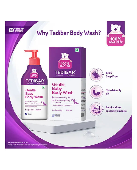 Torrent Pharma Tedibar Rich Moisturising Baby Body Wash 250ml with Skin Friendly PH  100 Percent Soap & Alkali Free  Prevents Dryness & Rahses  Dermatologically Tested  - By