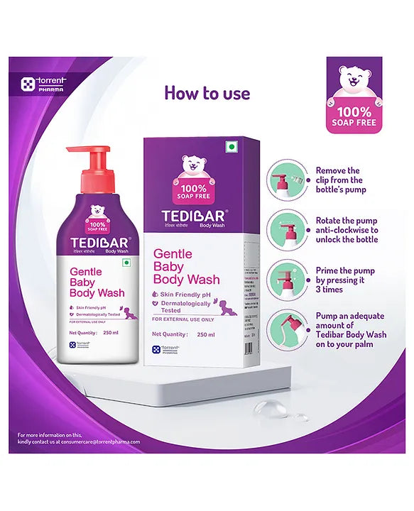 Torrent Pharma Tedibar Rich Moisturising Baby Body Wash 250ml with Skin Friendly PH  100 Percent Soap & Alkali Free  Prevents Dryness & Rahses  Dermatologically Tested  - By