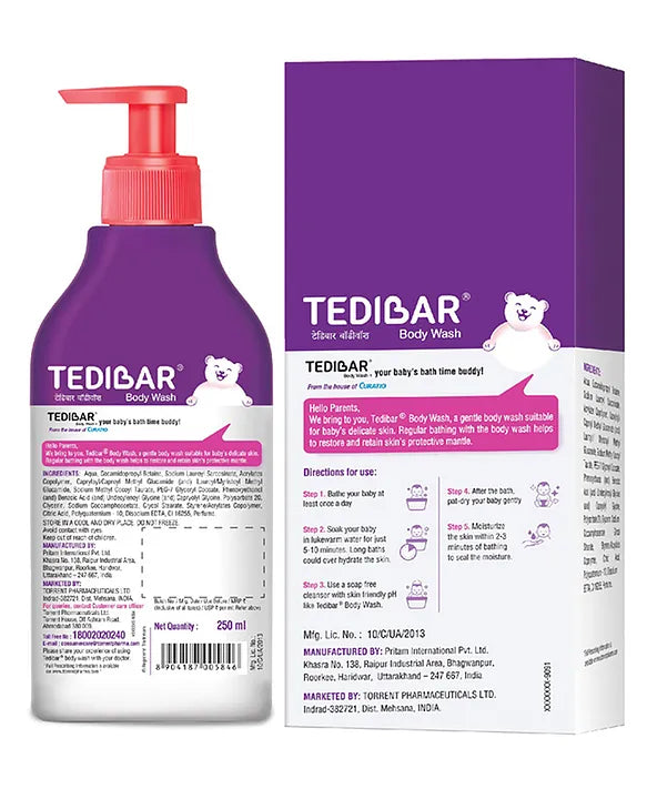 Torrent Pharma Tedibar Rich Moisturising Baby Body Wash 250ml with Skin Friendly PH  100 Percent Soap & Alkali Free  Prevents Dryness & Rahses  Dermatologically Tested  - By