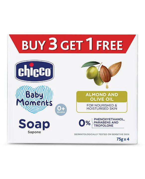 Chicco Baby Moments Almond and Olive Oil Soap - 75 gm Each (Pack of 4)