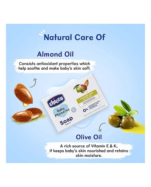 Chicco Baby Moments Almond and Olive Oil Soap - 75 gm Each (Pack of 4)