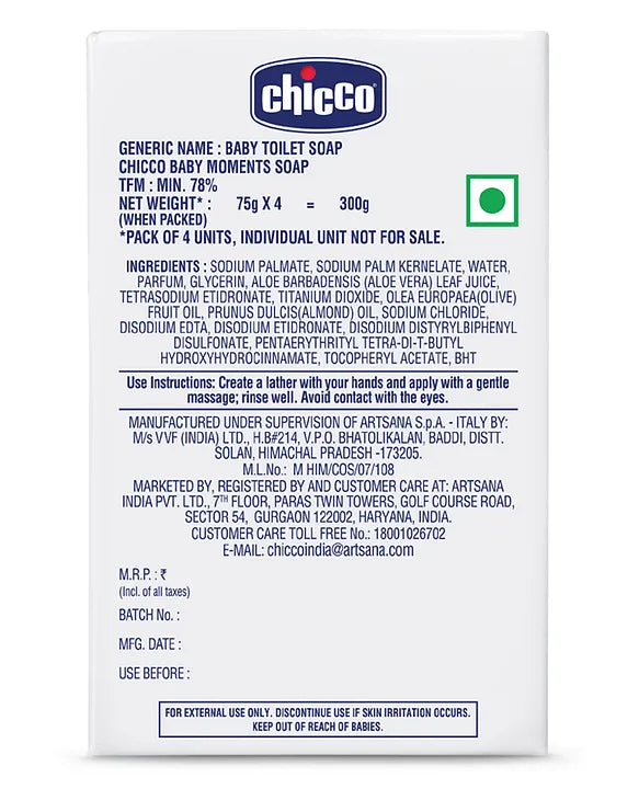 Chicco Baby Moments Almond and Olive Oil Soap - 75 gm Each (Pack of 4)