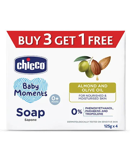 Chicco Baby Moments Almonds and Olive Oil Soap - 125 gm Each (Pack of 8)