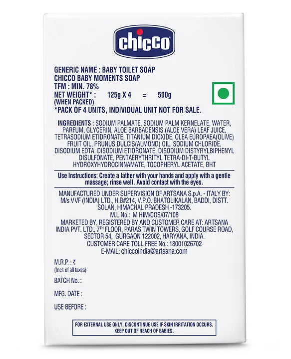 Chicco Baby Moments Almonds and Olive Oil Soap - 125 gm Each (Pack of 4)