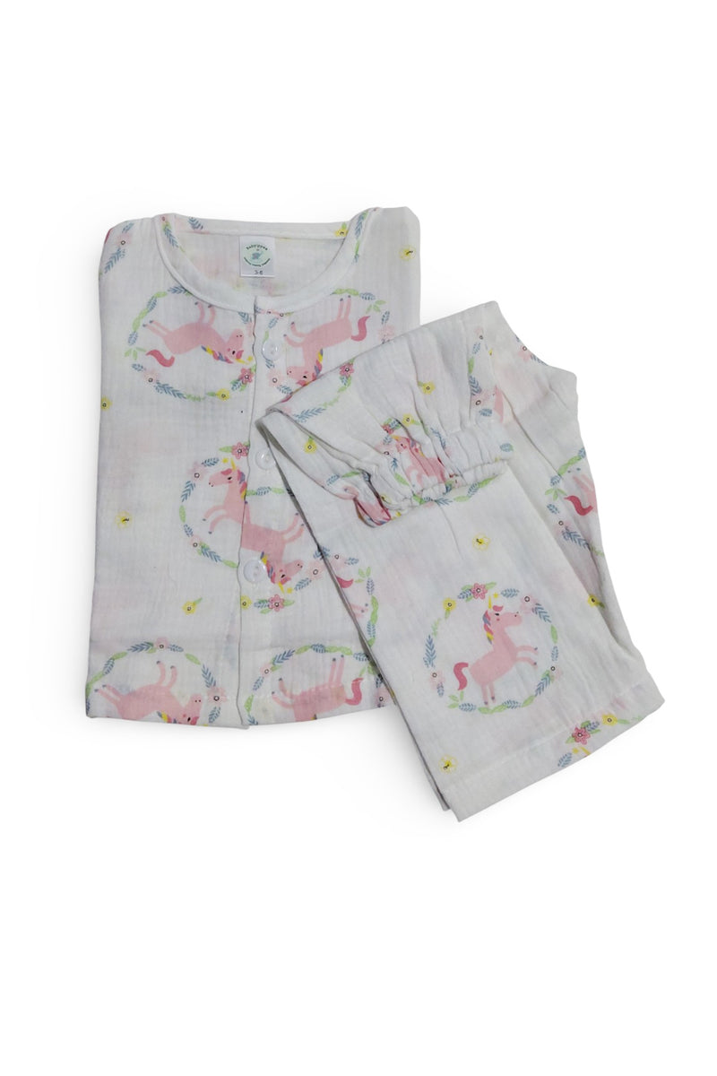 Kradyl Kroft Unicorn Double Layered Soft Muslin Night Suit Set for New Born to 36 Months