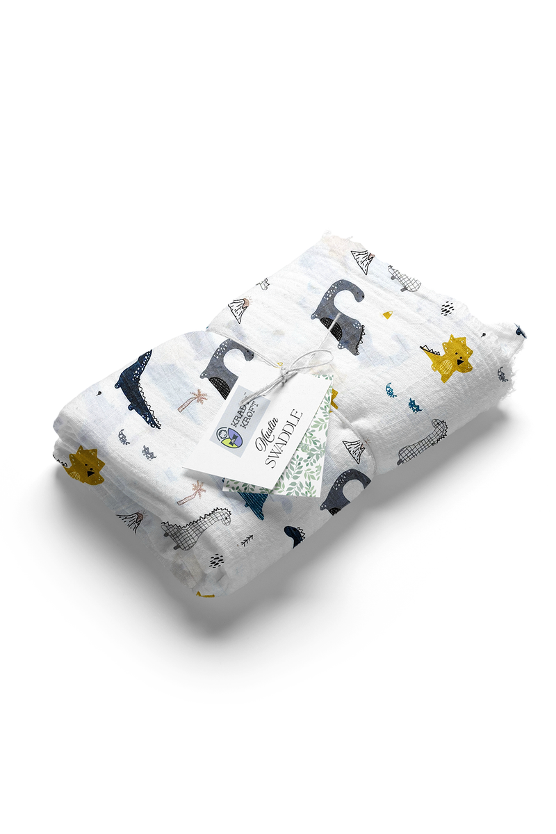 Muslin Swaddle for Infants 100 X 120 Cms - Blue Dino