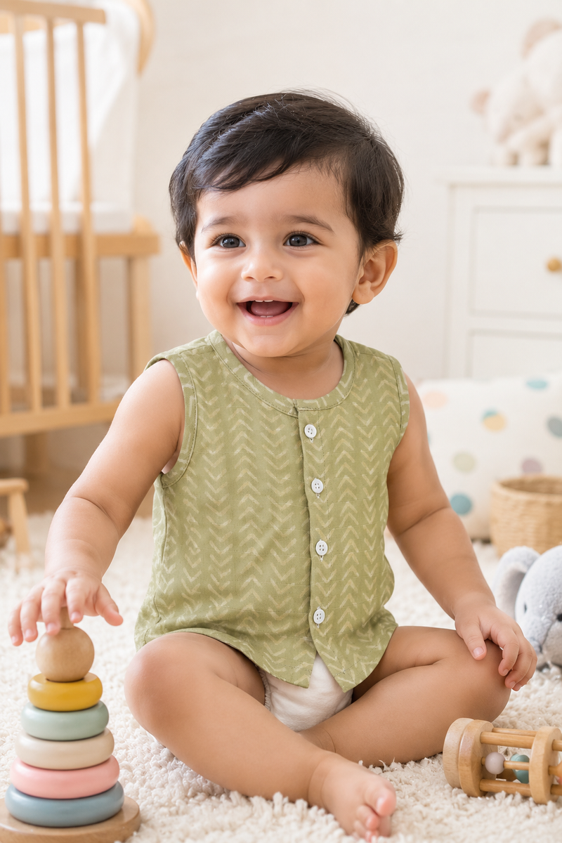 1 Pc Sleeveless 120 GSM Checkered Muslin Jhabla Vest - Earth Green