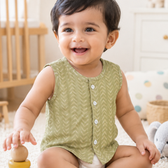 1 Pc Sleeveless 120 GSM Checkered Muslin Jhabla Vest - Earth Green
