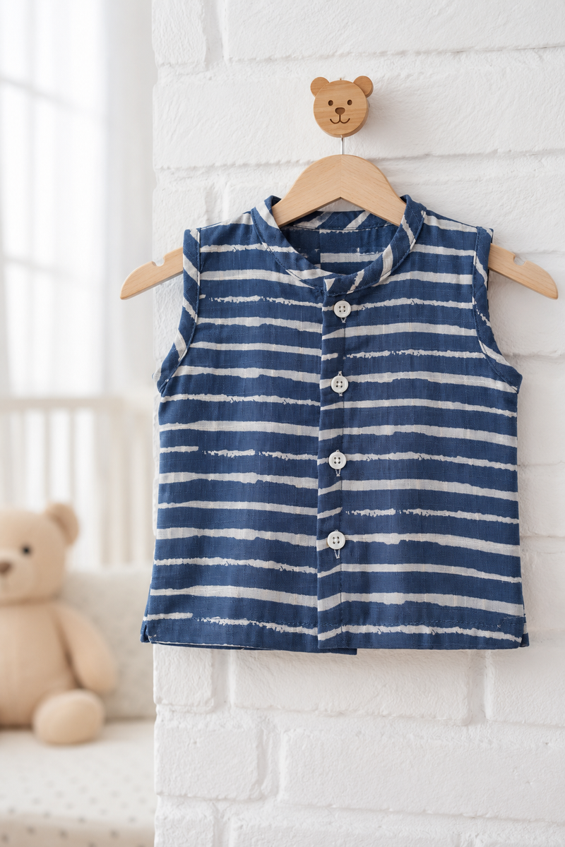 1 Pc Sleeveless 120 GSM Checkered Muslin Jhabla Vest - Navy Stripes