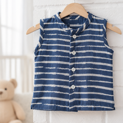1 Pc Sleeveless 120 GSM Checkered Muslin Jhabla Vest - Navy Stripes