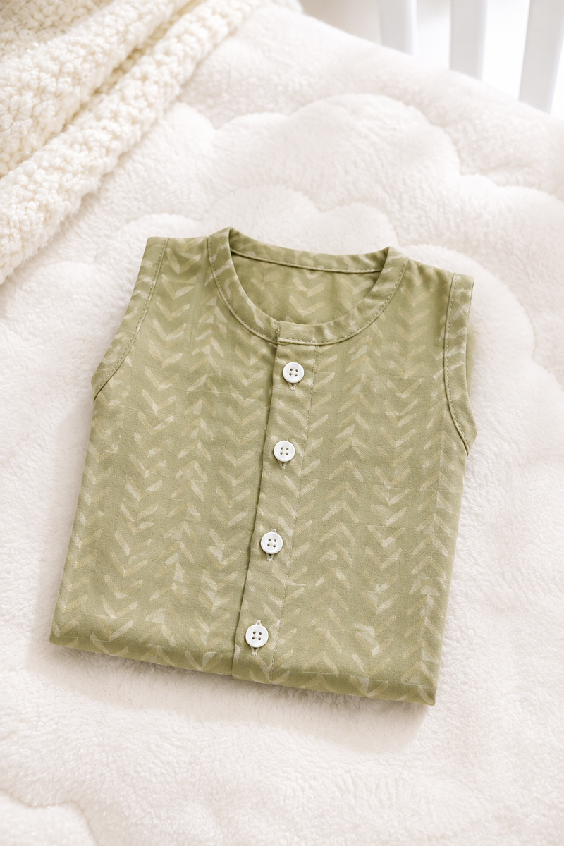 1 Pc Sleeveless 120 GSM Checkered Muslin Jhabla Vest - Earth Green