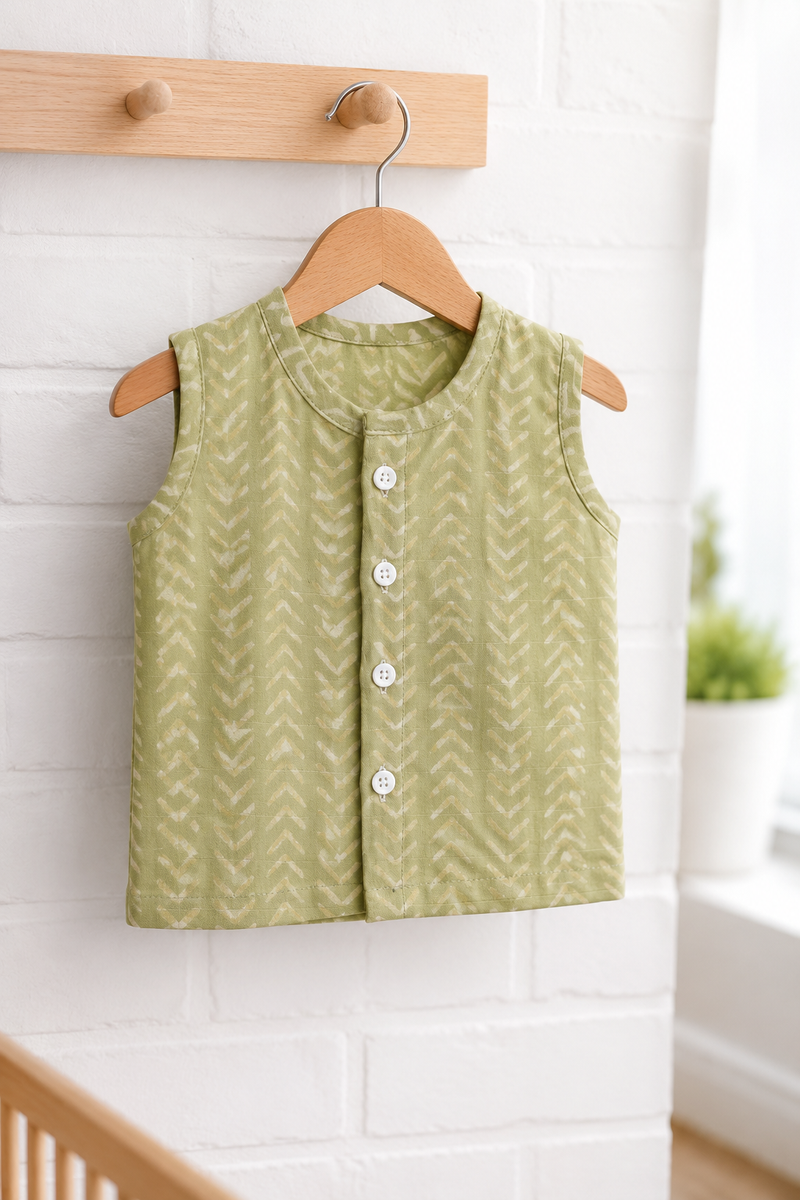 1 Pc Sleeveless 120 GSM Checkered Muslin Jhabla Vest - Earth Green