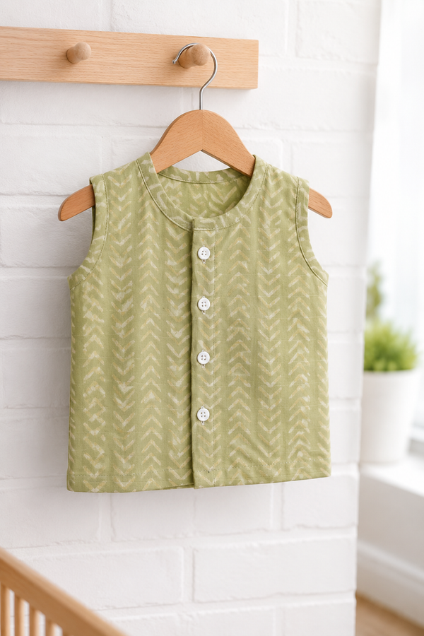 1 Pc Sleeveless 120 GSM Checkered Muslin Jhabla Vest - Earth Green