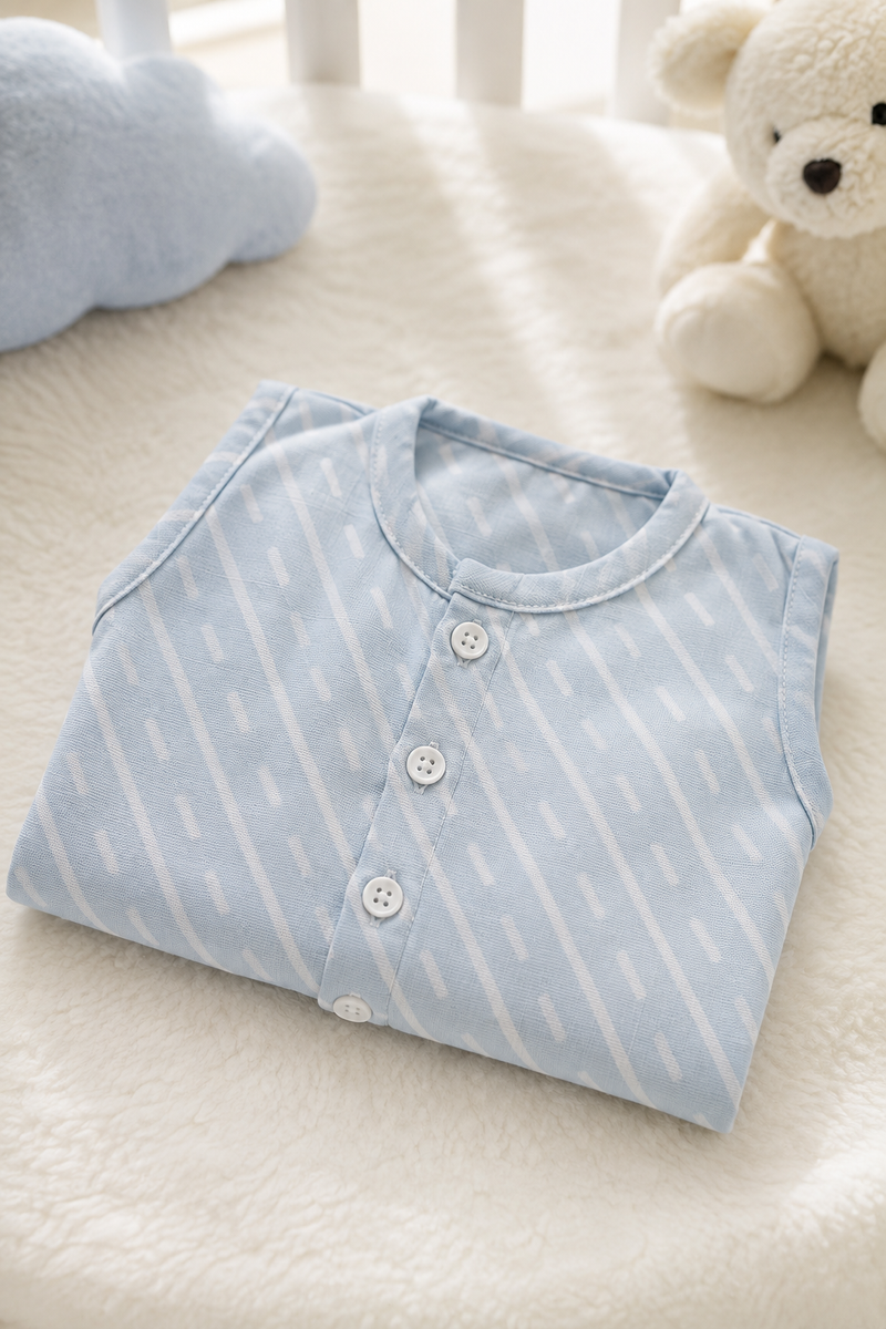 1 Pc Sleeveless 120 GSM Checkered Muslin Jhabla Vest - Sky Blue