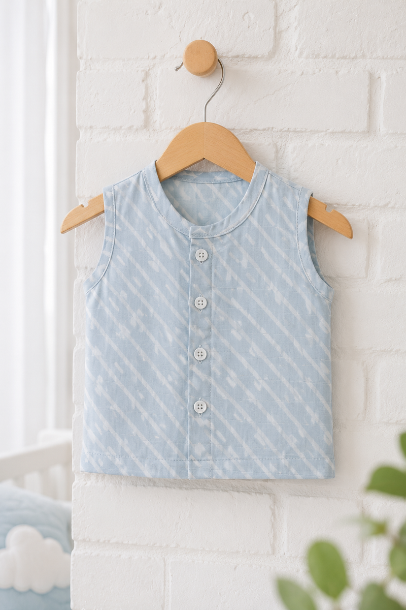 1 Pc Sleeveless 120 GSM Checkered Muslin Jhabla Vest - Sky Blue