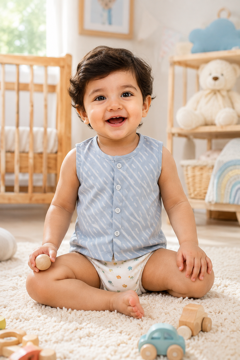 1 Pc Sleeveless 120 GSM Checkered Muslin Jhabla Vest - Sky Blue