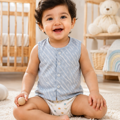 1 Pc Sleeveless 120 GSM Checkered Muslin Jhabla Vest - Sky Blue