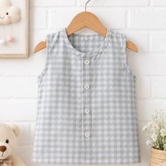 1 Pc Sleeveless 120 GSM Checkered Muslin Jhabla Vest - Blue Checks