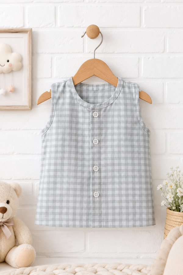 1 Pc Sleeveless 120 GSM Checkered Muslin Jhabla Vest - Blue Checks