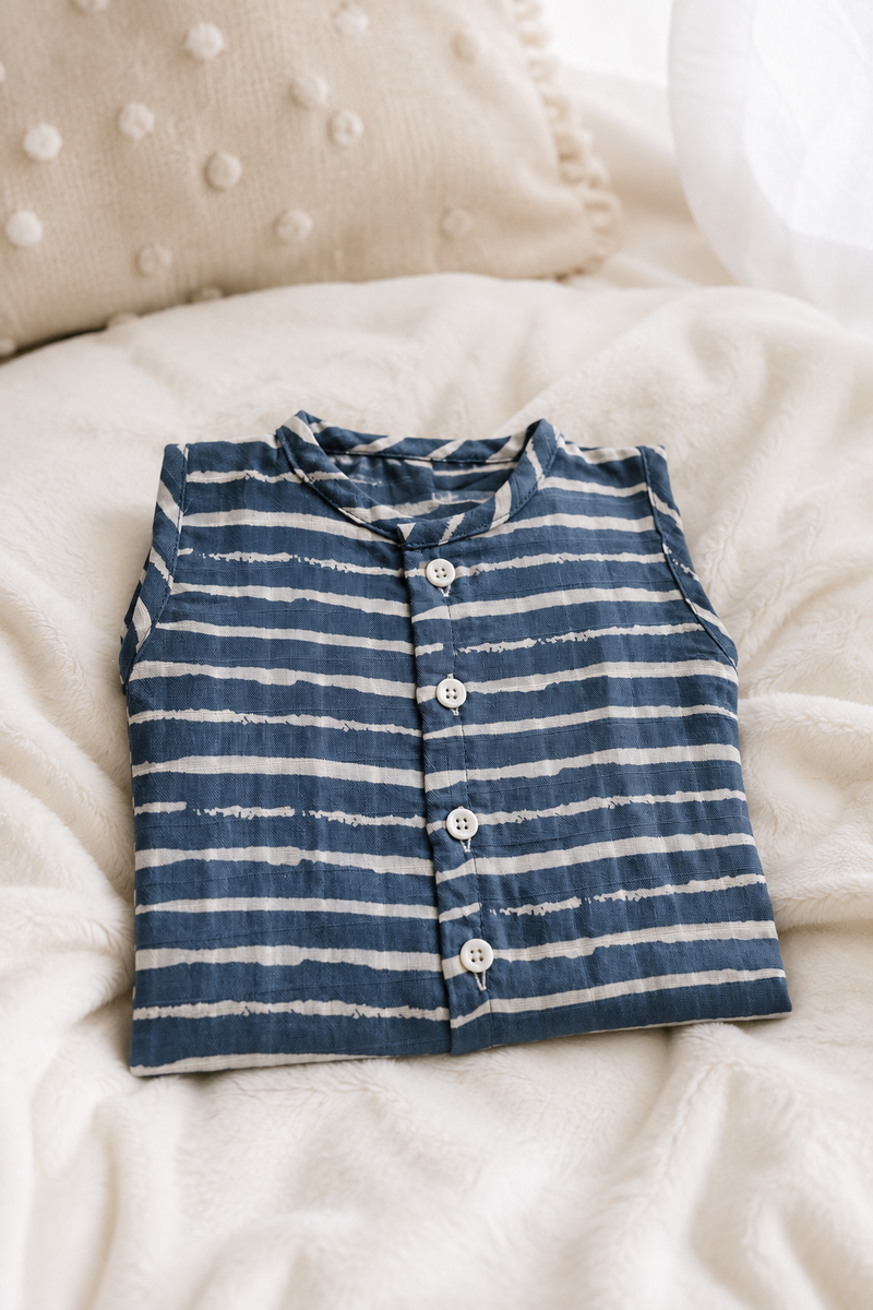 1 Pc Sleeveless 120 GSM Checkered Muslin Jhabla Vest - Navy Stripes
