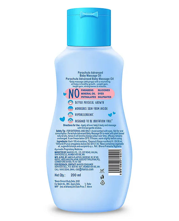 Parachute Advansed Baby Massage Oil for New Born 100% Virgin Coconut Oil  Clinically Proven for Better Growth Vitamin E & F- 200 ml