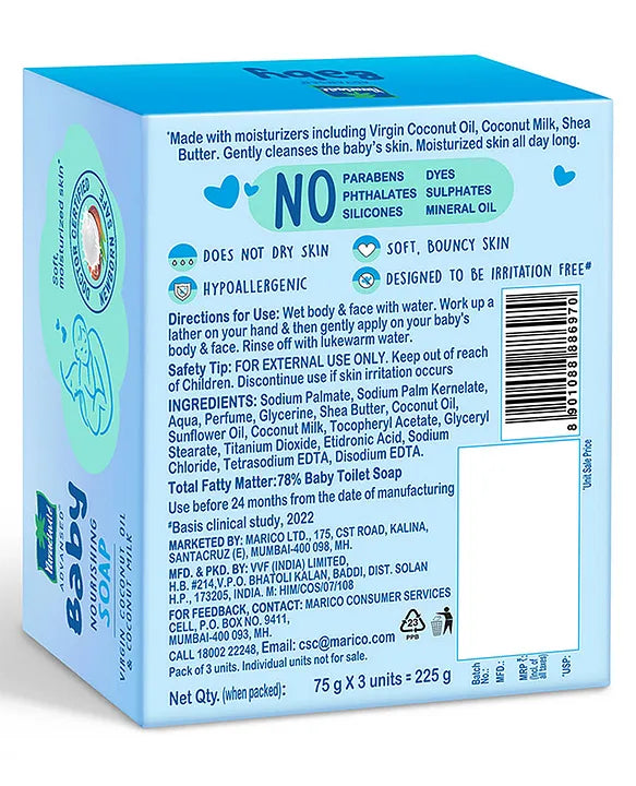 Parachute Advansed Baby Soap for Newborn Babies  Doctor Certified  Ph 5.5  Virgin Coconut Oil & Coconut Milk  Prevents Dryness - 75g x 3