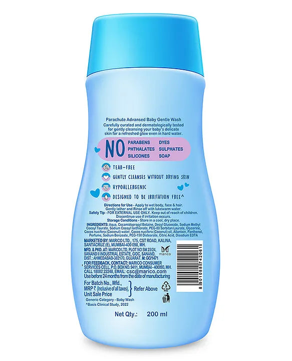 Parachute Advansed Baby Gentle Wash for New Born  Enriched with Virgin Coconut Oil  Gently cleanses in Hard water  Doctor certified-  200 ml