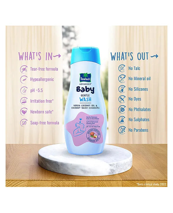 Parachute Advansed Baby Gentle Wash for New Born  Enriched with Virgin Coconut Oil  Gently cleanses in Hard water  Doctor certified-  200 ml