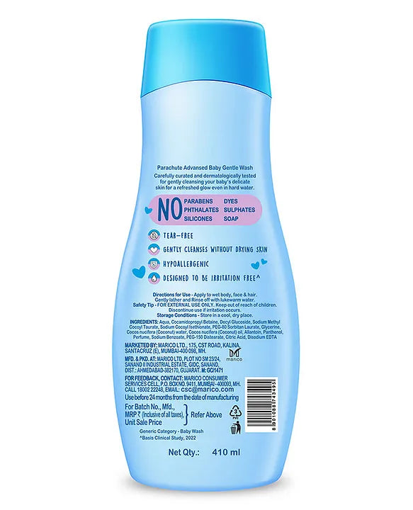 Parachute Advansed Baby Gentle Wash for New Born  Enriched with Virgin Coconut Oil  Gently cleanses in Hard water  Doctor certified-  410 ml
