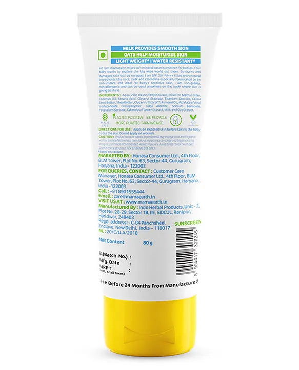 Mamaearth Baby Milk Soft Mineral Based Sunscreen with SPF 30 & PA+++ and Oats Milk and Calendula- 80 g