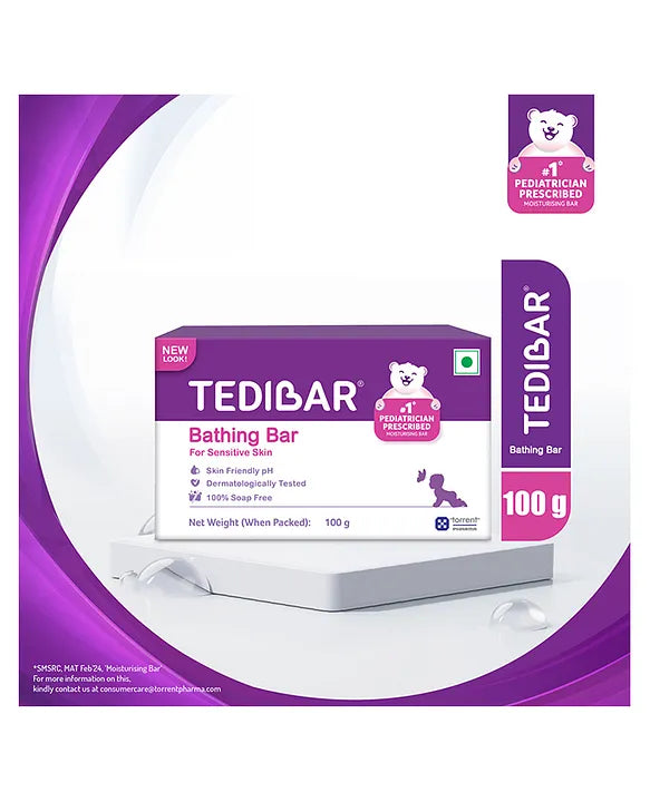 Torrent Pharma Tedibar Moisturising Baby Bathing Bar 100g (Pack of 1) with Skin Friendly pH 100 Percent Soap Free Prevents Dryness & Rashes Dermatologically Tested - By