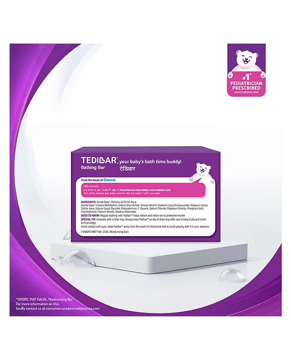 Torrent Pharma Tedibar Moisturising Baby Bathing Bar 100g (Pack of 1) with Skin Friendly pH 100 Percent Soap Free Prevents Dryness & Rashes Dermatologically Tested - By