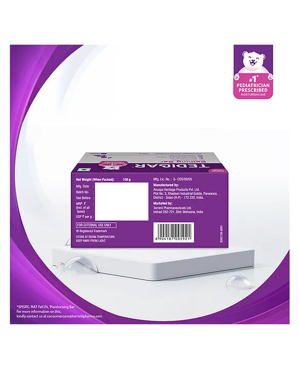 Torrent Pharma Tedibar Moisturising Baby Bathing Bar 100g (Pack of 1) with Skin Friendly pH 100 Percent Soap Free Prevents Dryness & Rashes Dermatologically Tested - By