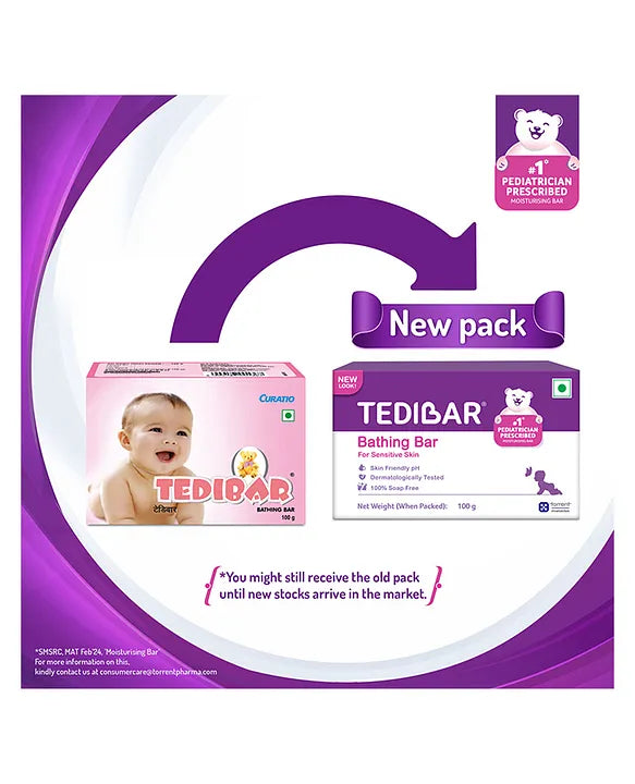 Torrent Pharma Tedibar Moisturising Baby Bathing Bar 100g (Pack of 1) with Skin Friendly pH 100 Percent Soap Free Prevents Dryness & Rashes Dermatologically Tested - By